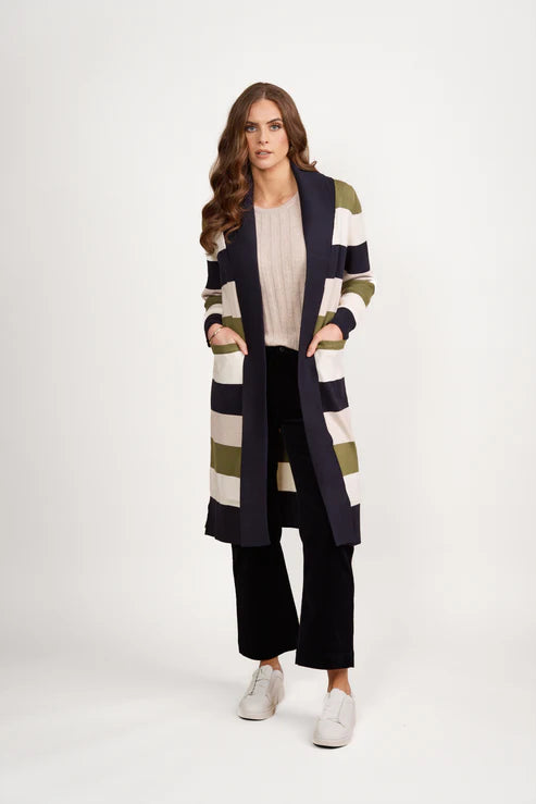 Vassalli Open Longline Cardi with Pockets Sage Stripe