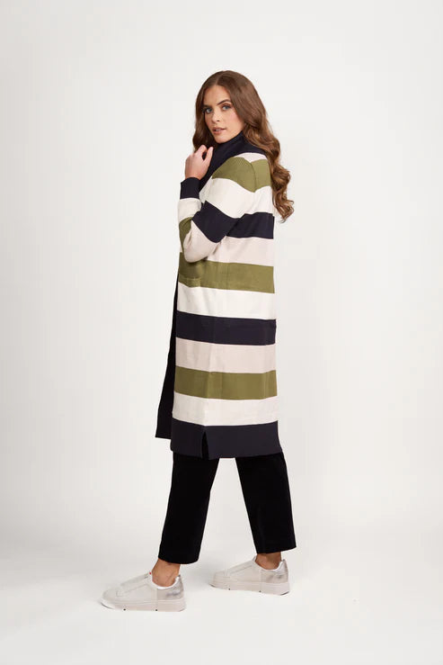 Vassalli Open Longline Cardi with Pockets Sage Stripe