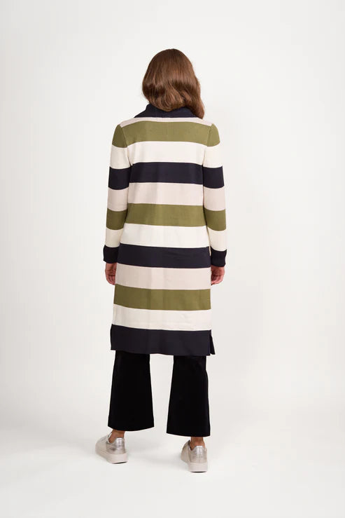 Vassalli Open Longline Cardi with Pockets Sage Stripe
