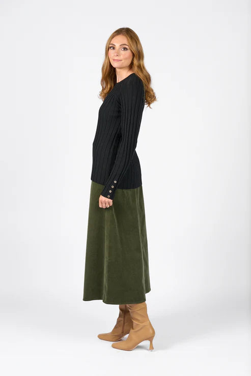 Vassalli Round Neck Ribbed Knit Jumper with Dome Cuff Black