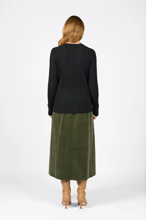 Vassalli Round Neck Ribbed Knit Jumper with Dome Cuff Black