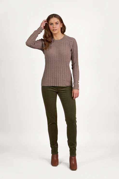 Vassalli Round Neck Ribbed Knit Jumper w Dome Cuff Detail Twig