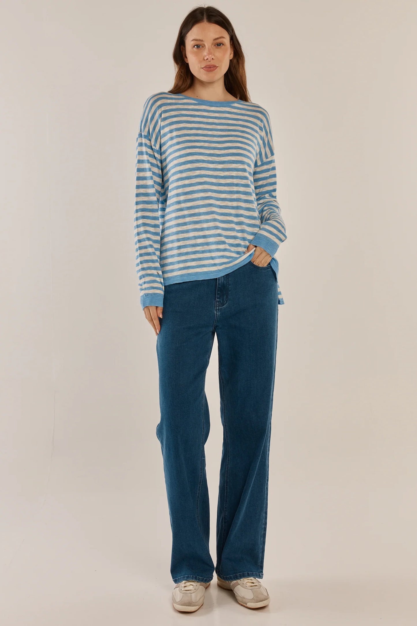 Betty Basics Natasha Knit Top Cornflower Blue Stripe