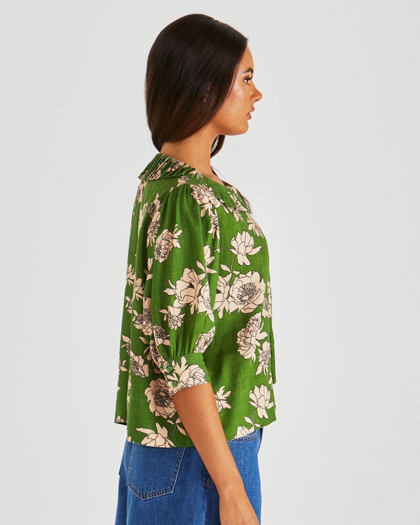 Sass Antonie Pleated Blouse-Moonflower Green