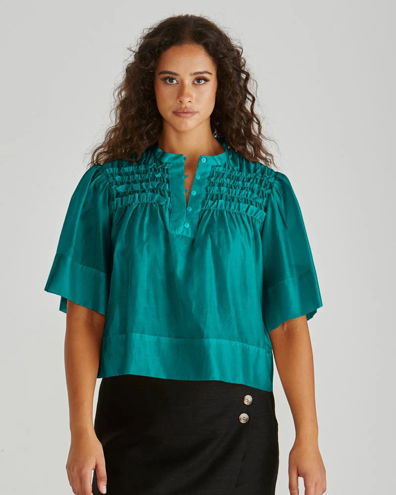 Sass Fillip Ruffle Yoke Blouse-Sea Green