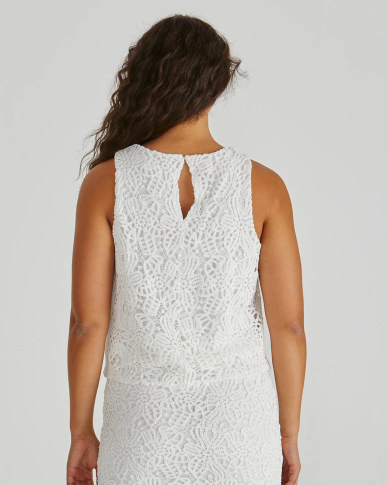 Sass Kai Crochet Lace Tank-White