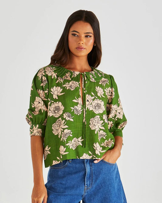 Sass Antonie Pleated Blouse-Moonflower Green