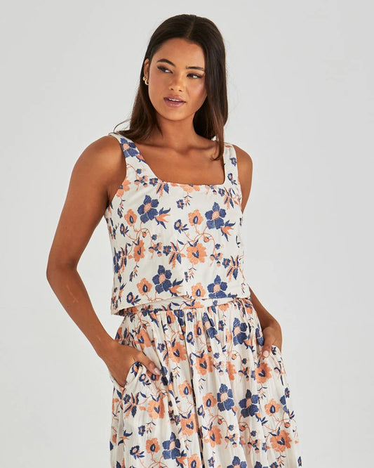 Sass Luca Crop Top Floral Embroidery Navy