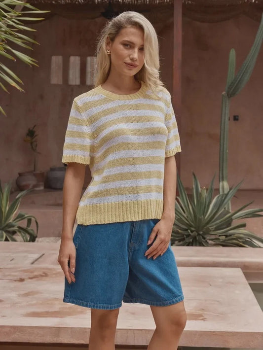 Sass Jules Stripe Tee Lemon/White