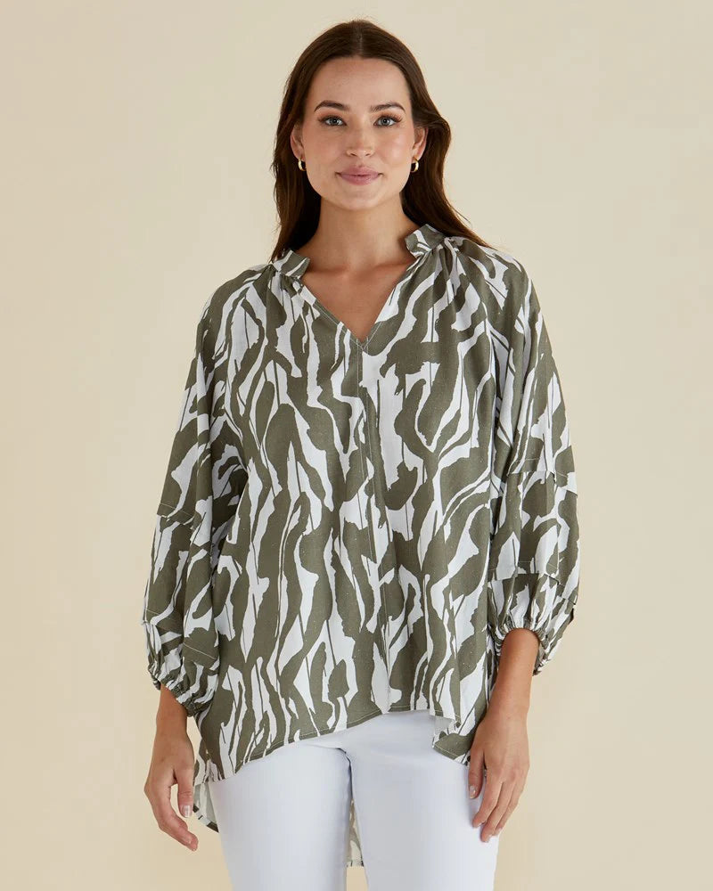 Betty Basics Grazia Blouse Olive Geometric Print