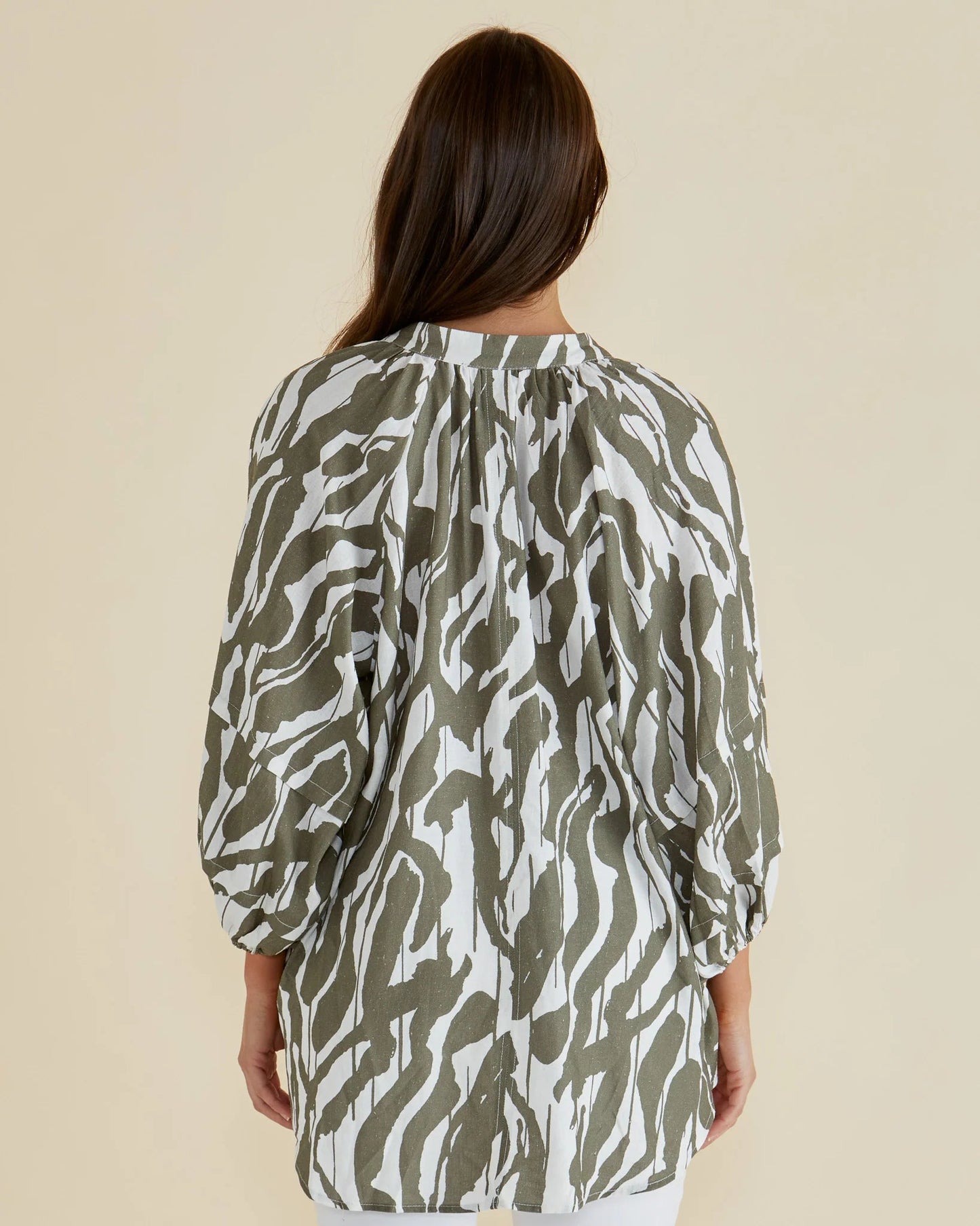 Betty Basics Grazia Blouse Olive Geometric Print