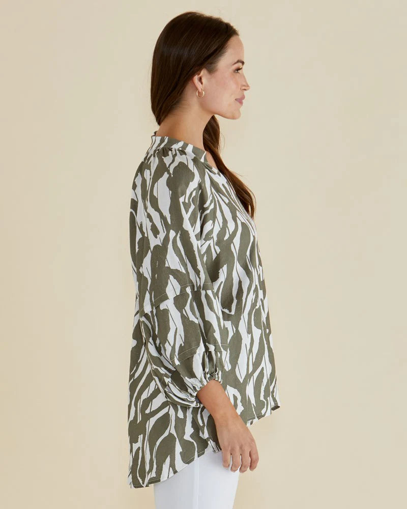 Betty Basics Grazia Blouse Olive Geometric Print