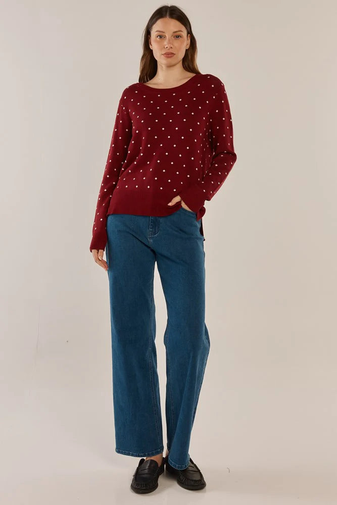 Betty Basic Louis Sweater Burgandy Jacquard Red