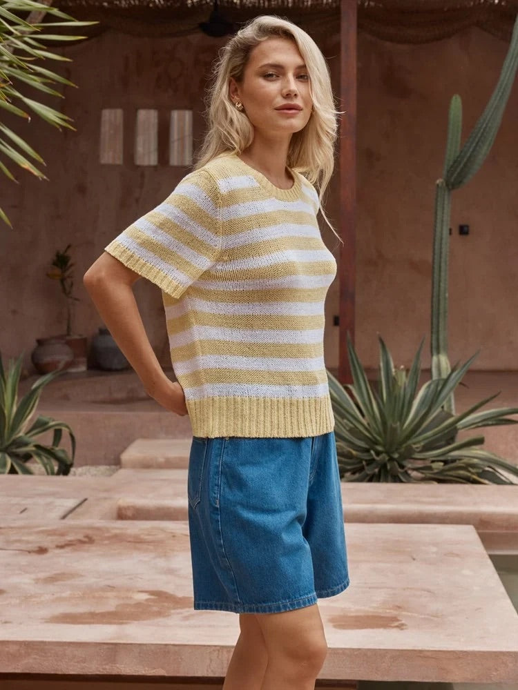Sass Jules Stripe Tee Lemon/White