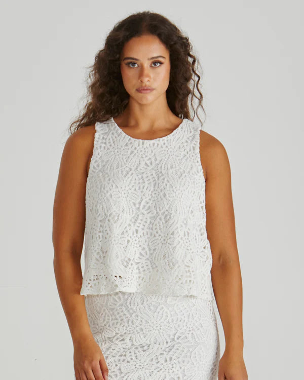 Sass Kai Crochet Lace Tank-White