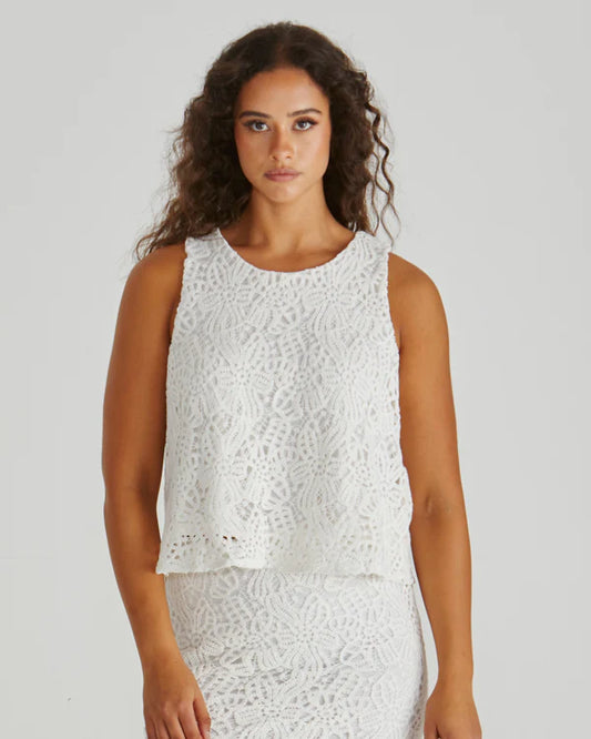 Sass Kai Crochet Lace Tank-White