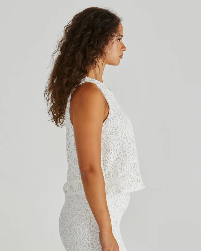 Sass Kai Crochet Lace Tank-White