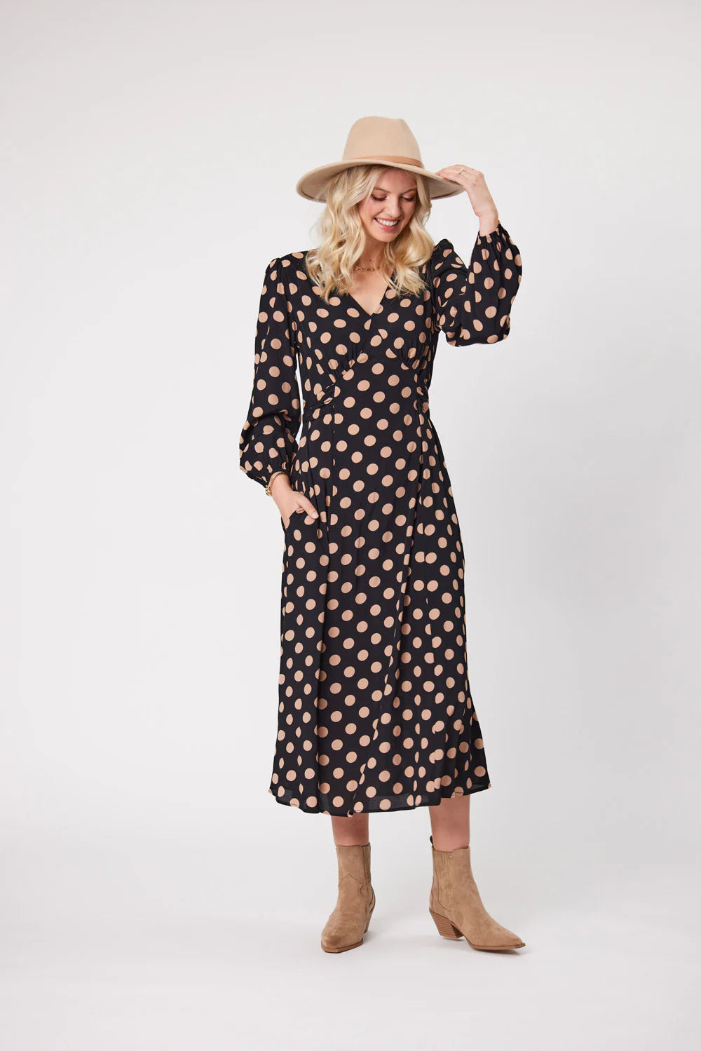 Lemon Tree Sabrina Dress Latte Polkadot