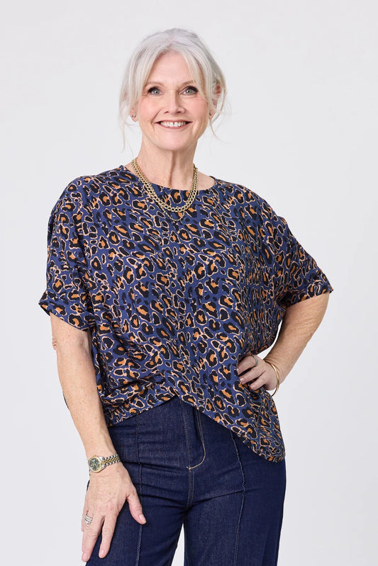 Lemon Tree Kora Top Blue Cat Print