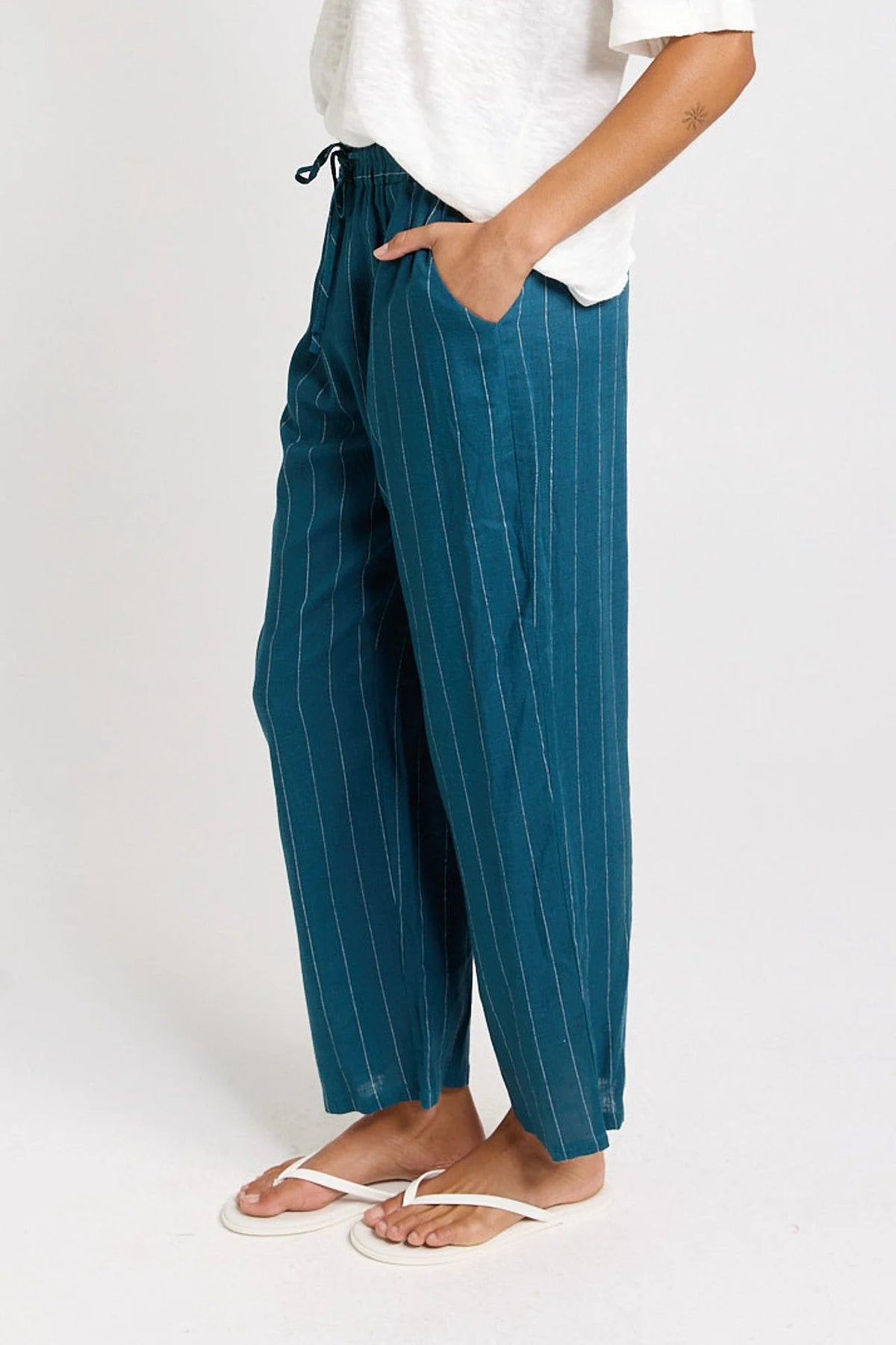 Betty Basics Palm Relax Pants Teal/White Stripe Blue
