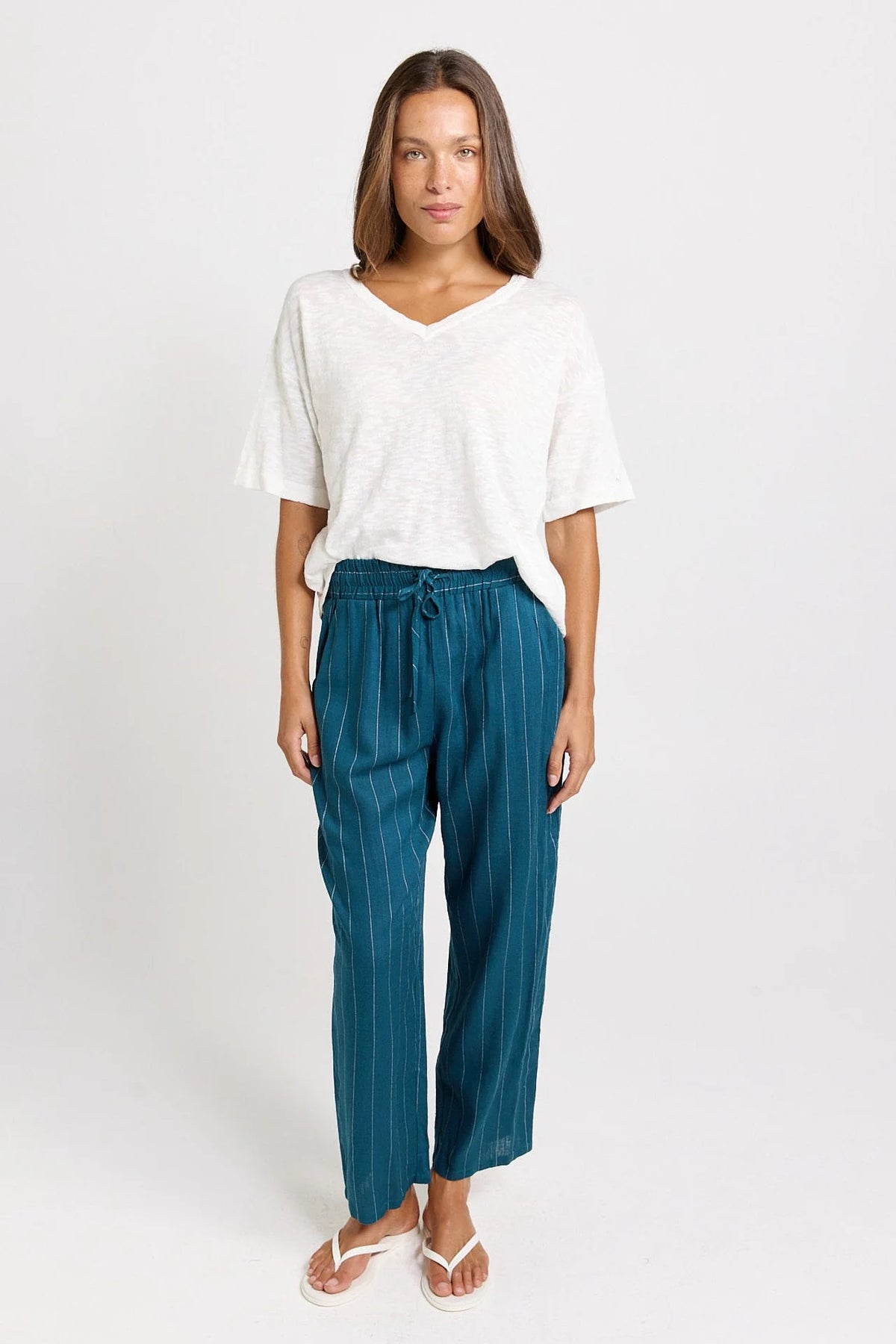 Betty Basics Palm Relax Pants Teal/White Stripe Blue