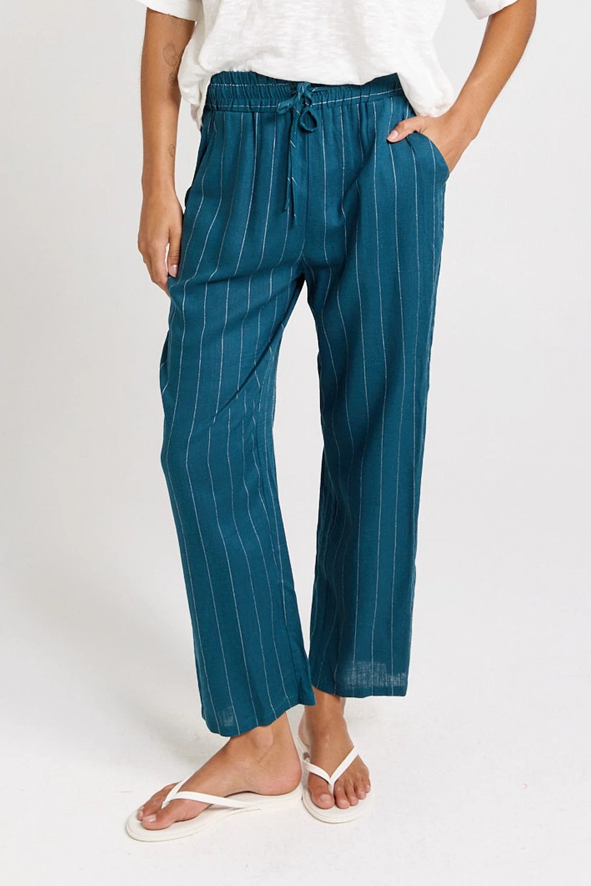 Betty Basics Palm Relax Pants Teal/White Stripe Blue