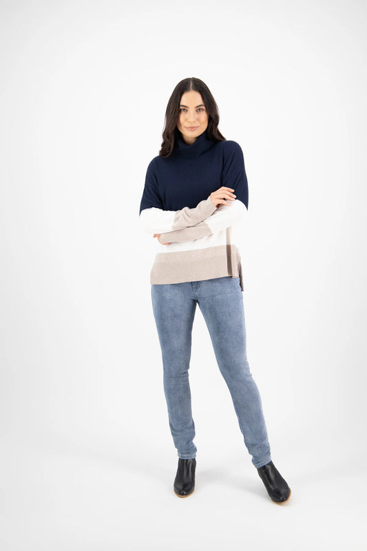 Vassalli Long Sleeve Roll Neck Top Tri Colour